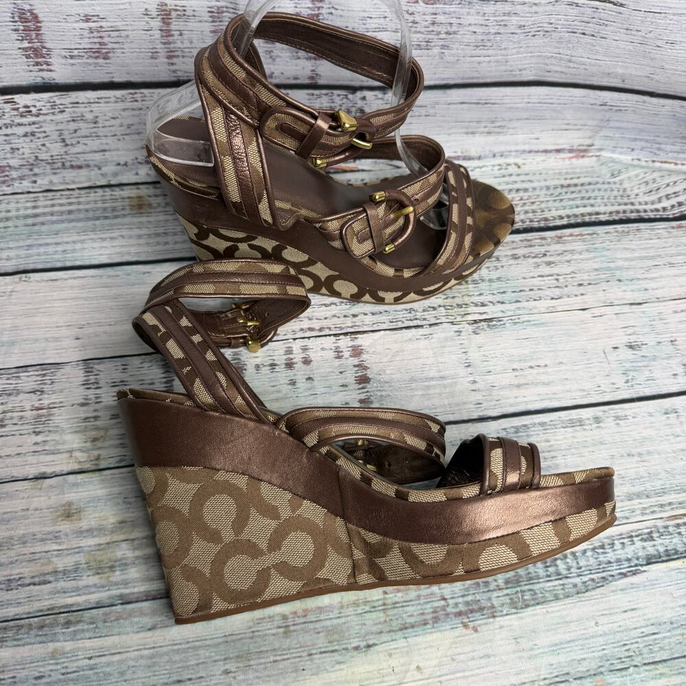Coach Maralee Signature C Wedge Sandals Brown Bronze Strappy Heels Size 9